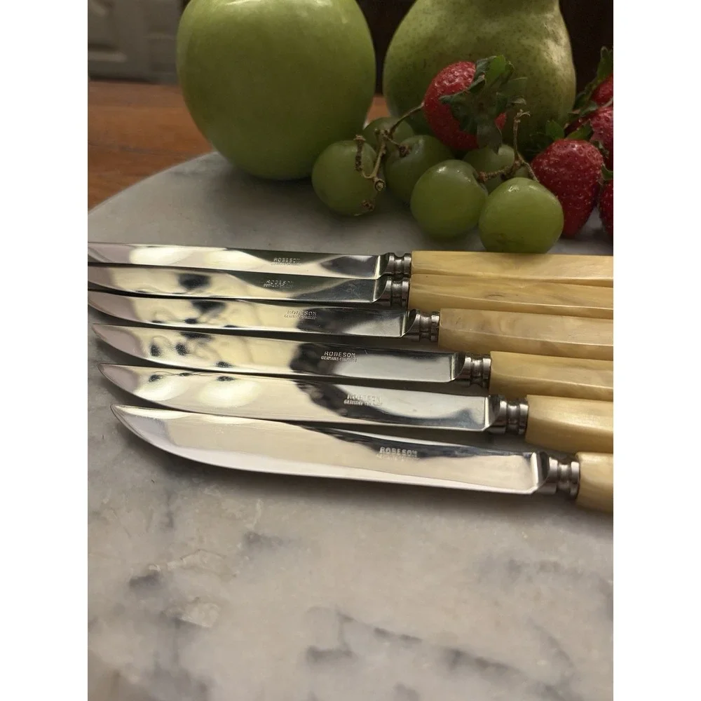 Vintage Robeson Steak Knives Cream Butter Swirl Handles Set Of 5